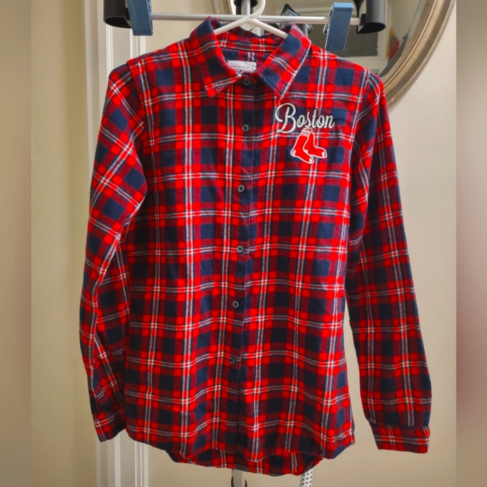 Official MLB Women's Boston Red Sox Flannel Button Down w Embroidery